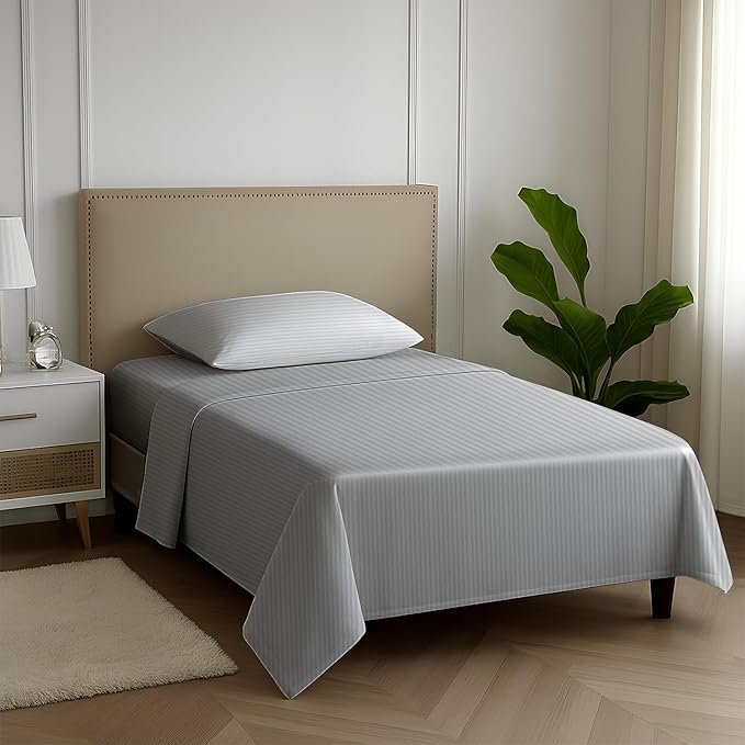 Carressa Linen Striped Egyptian Cotton Sheets Twin XL Size - 600 Series Hydrangeas Collection Damask Twin XL Deep Pockets Sheet Set (3 PC, Silver Stripe), Sateen Bottom Sheets for Dorm Room