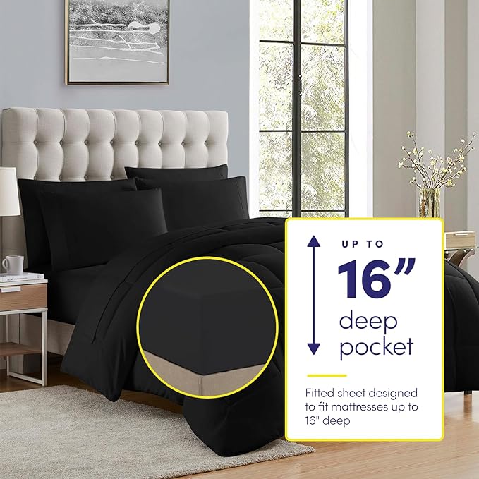 RV Short Queen Comforter Set for RV Camper - Comforter Set with Fitted & Flat Sheet, 4 Pillowcases - Tailored for RV Short Queen Beds - Cozy Essentials for Your RV Bedroom, Black