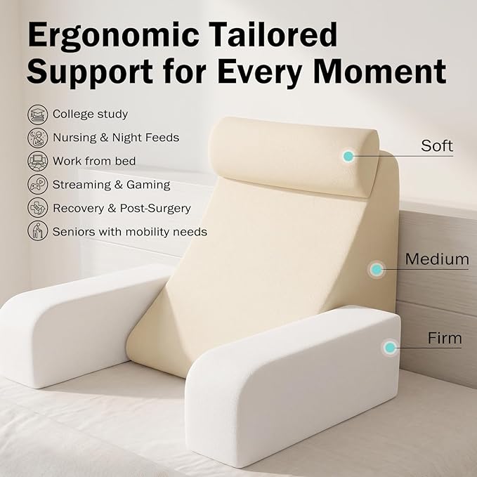 ENITYA Back Pillow for Bed Sitting Up,Reading Pillow with Armrests & Big Pockets for Adults,Upright Pillow for Resting,Watching TV,Nursing,Recovery,Gaming,Grey