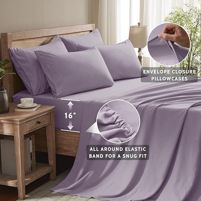Full Size Bed Sheets - 6 Piece Soft Microfiber and Wrinkle Free Sheets - Easy Care, Extra Soft, Cooling Sheets - 1 Deep Pocket Fitted Sheet 1 Flat Sheet and 4 Pillowcases (Full Lavender)