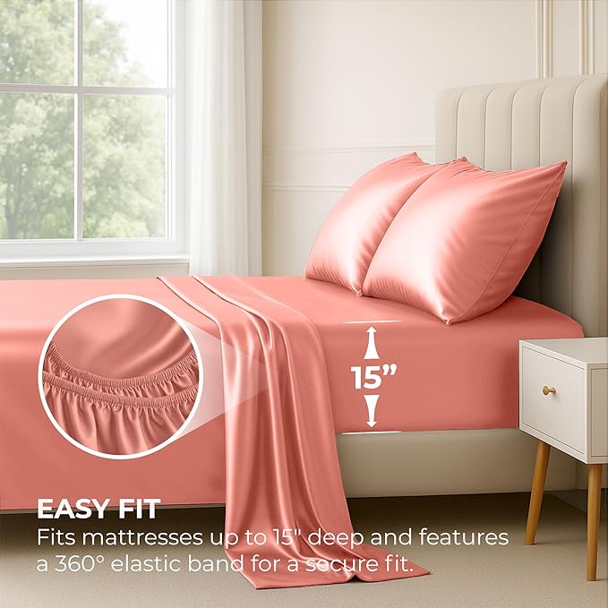 Pure Bedding Satin Sheets Full Hotel Luxury Silky Bed Sheets - Extra Soft 1800 Microfiber Sheet Set, Wrinkle, Fade, Stain Resistant - Deep Pocket Fitted Flat Sheet, Pillow Cases (4-Piece, Blush Pink)