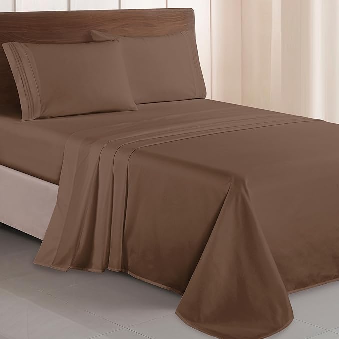 Elegant Comfort Luxurious 1500 Premium Hotel Quality Microfiber Three Line Embroidered Softest 4-Piece Bed Sheet Set, Wrinkle and Fade Resistant, Queen, Taupe