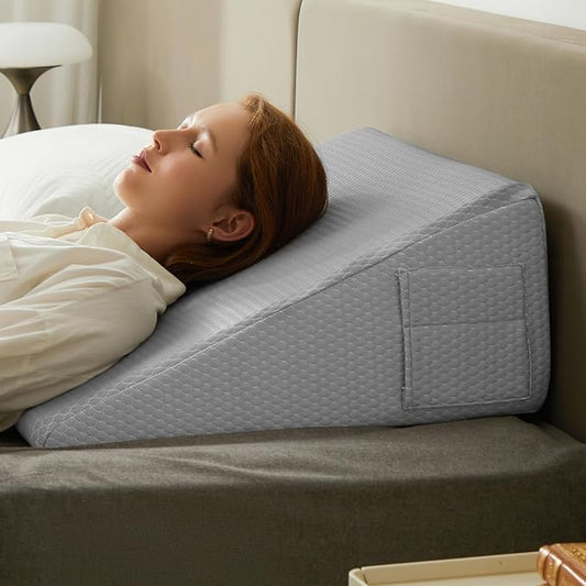 Bedluxe Wedge Pillow, 10 inch Bed Wedge Pillow for Headboard, Pillow Wedge for Acid Reflux Relief, Sleeping, After Surgery, Snoring, Gerd, Triangle Pillow Wedge - Cooling Memory Foam Top, Light Grey