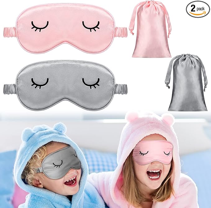 2 Pieces Cute Sleep Eye Masks for Kids Silk Sleep Eye Cover Cute Lightweight Adjustable Eyeshade Mask Satin Night Eyeshade Covers with 2 Pieces Storage Bag(3-12 Years,Gray, Pink)