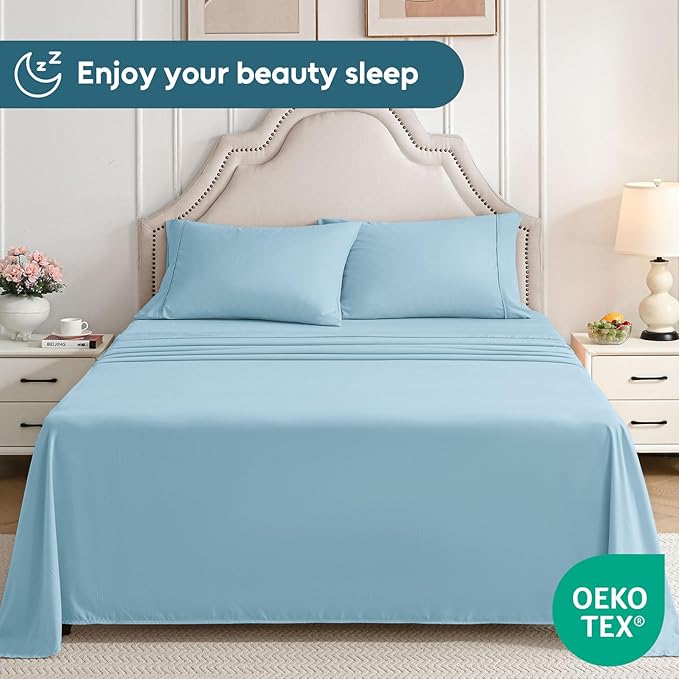 Twin Sheets Set, 3 Pieces Hotel Luxury Soft Microfiber Bed Sheets Set, Up to 16" Deep Pockets, Oeko-Tex Sheets with Elastic, Breathable, Wrinkle Free (Sky Blue, Twin)