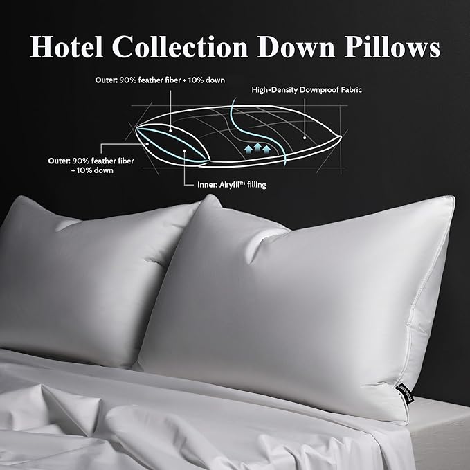 DOWNSTORIA Goose Feather Down Pillow Standard Size Set of 2, Firm Hotel Collection Bed Pillows for Sleeping, 2 Pack, Down Surrounded Pillows for Side Sleepers 20 x 26 in.