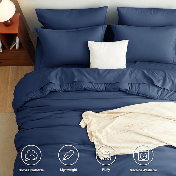 CozyLux Queen Comforter Set Navy Blue, 7 Pieces Bed in a Bag Queen Comforter Set with Sheets, Luxury Soft Bedding Sets with Down Alternative Comforter, Fitted Sheet, Flat Sheet, Pillowcases & Shams