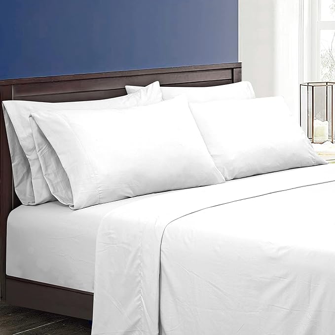 ROYALE LINENS 1500 Thread Count Poly/Cotton Cooling Sateen Sheet Set - 6 Piece Queen Bed Sheets - 1 Fitted, 1 Flat, 4 Pillow Cases -Soft Cool & Crisp Sheet Set (Queen, Bright White)