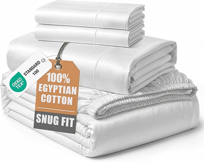 100% Egyptian Cotton Sheets Queen Size - Naturally Cooling & Breathable 4 Piece Silky Sateen Weave Queen Sheet Set, Ultra-Soft & Durable Hotel Luxury Sheets with 15" Snug Fit Deep Pockets - White