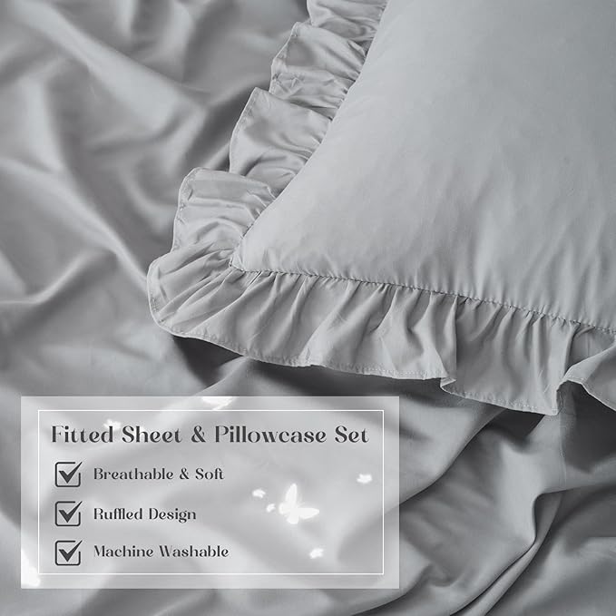 Homiest 3-Pieces Ruffle Pillow Case & Fitted Sheet Set, Grey King Sheets with 2 Ruffled Pillow Shams, 15 Inch Deep Pocket, Cute & Coquette Microfiber Bed Set for Decorating Bedroom Hotel