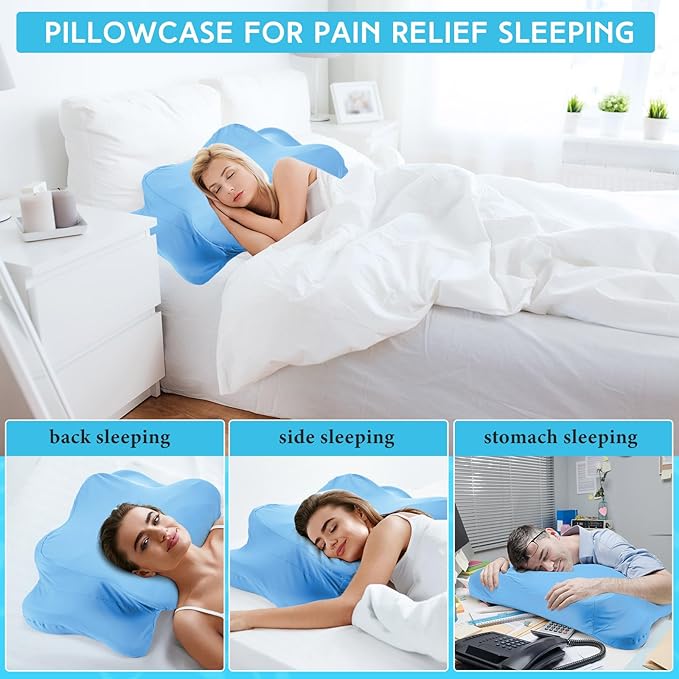 Hahafelt Cooling Cervical Neck Pillowcase Cover (Only Pillow Case) Ergonomic Pillowcase with Zipper Breathable Contour Pillow Cover for Side Back Stomach Sleepers(Blue,Queen Size)