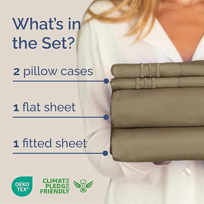Queen Size 4 Piece Sheet Set - Comfy Breathable & Cooling Sheets - Hotel Luxury Bed Sheets for Women & Men - Deep Pockets, Easy-Fit, Extra Soft and Wrinkle Free Sheets - Khaki Oeko-Tex Bed Sheet Set