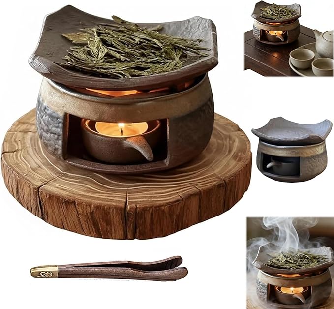Ceramic Aromatherapy Stove Essential Oil Burner with Wooden Base,Cedar and Zen Herb Burner,Incense Burner Kit for Home Office Natural Fragrance Diffuser, Meditation Relaxation (1)