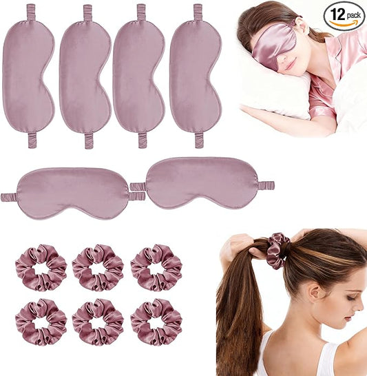 12Pcs Silk Sleep Masks Satin Eye Mask Silky Eyes Cover Blindfold Eyeshade Hair Ties Scrunchy Travel Bridesmaids Gifts