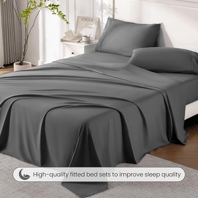 ROSE&RISY Dark Grey Queen Sheet Set, 4 Pieces Soft Bedding Queen Sheet Set, Breathable and Cooling,Includes 1 Fitted, 1 Flat, 2 Pillow Cases - Deep Pocket(Dark Grey, Queen)