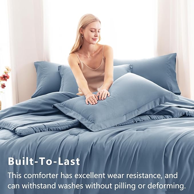 CozyLux King Size Comforter Set Grayish Blue, 7 Pieces Bed in a Bag King Comforter Set with Sheets, Dusty Blue Luxury Soft Bedding Sets with Down Alternative Comforter, Sheets, Pillowcases & Shams