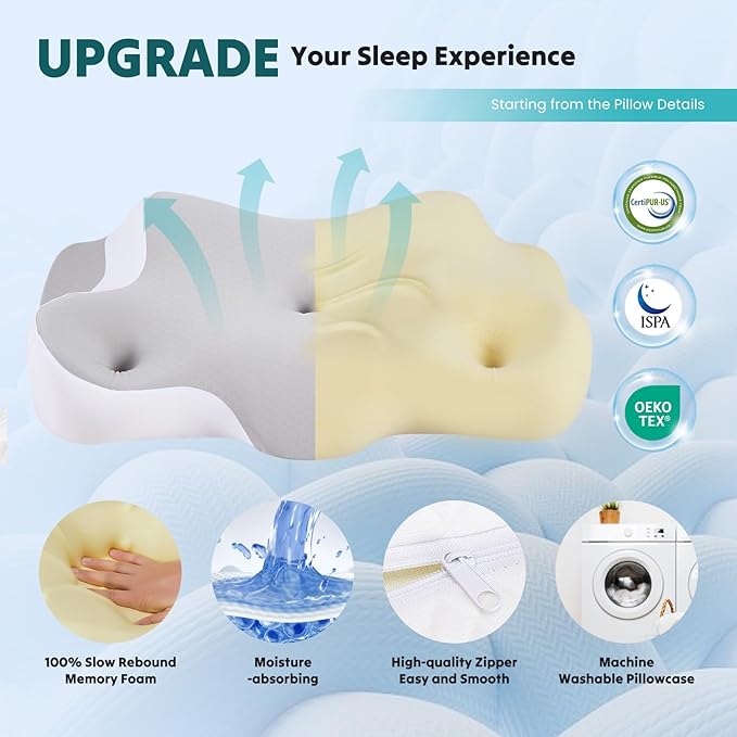 DUMOS Cervical Neck Pillow for Neck Pain Relief, Cooling Memory Foam Pillows for Sleep Apnea, Soft Side Sleeper Pillow Orthopedic Support Ergonomic Pillow for Stomach Back Stomach Sleepers, Gray