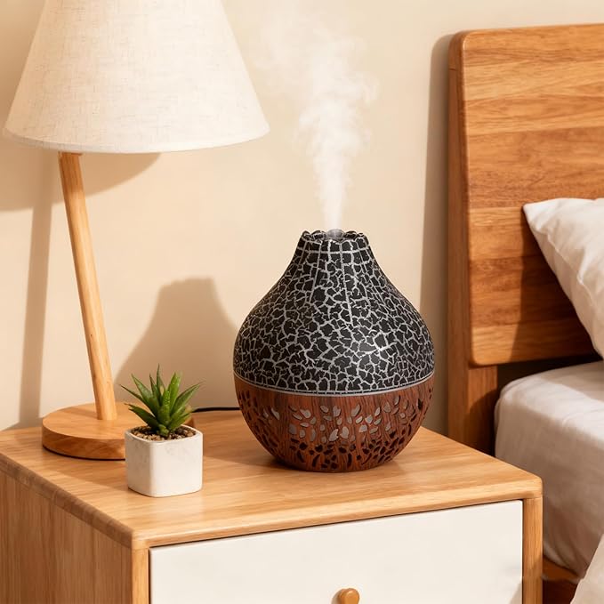Essential Oil Diffuser, Mini Ultrasonic Air Diffuser Humidifier Luminous Hallow Silent Auto Shut Off USB Aromatherapy Diffuser for Home Office Spa (Black Crack Dark Wood Grain)