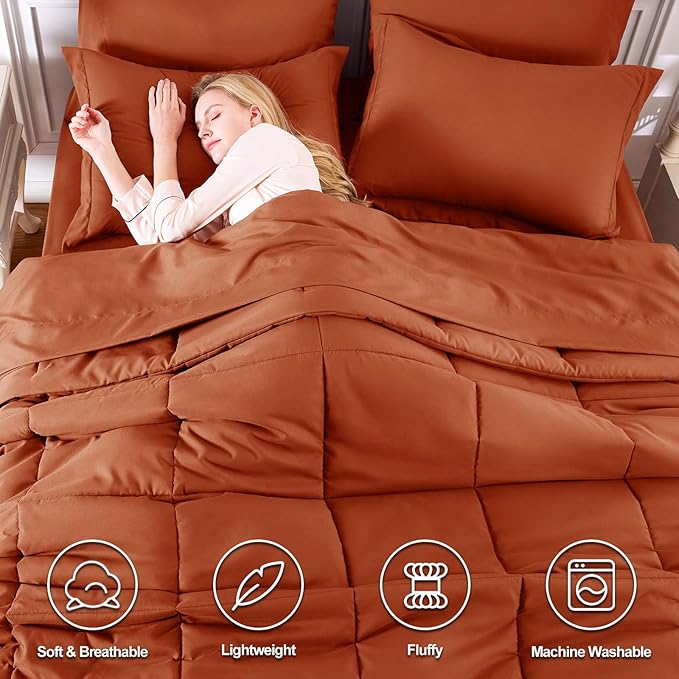 CozyLux Queen Comforter Set Terracotta - 7 Pieces Bed in a Bag Queen, All Season Breathable Bedding Sets, Oeko-Tex Certified Bed Set with Down Alternative Comforter, Sheets, Pillowcases & Pillow shams
