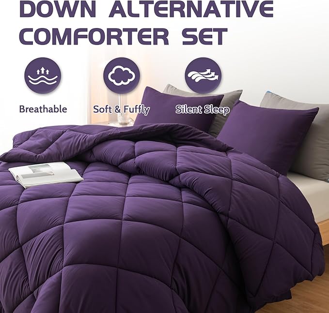 Decroom Lightweight California King Comforter Set with 2 Pillow Sham - 3 Pieces Set - Quilted Down Alternative Comforter/Duvet Insert for All Season - Purple - Cal King Size