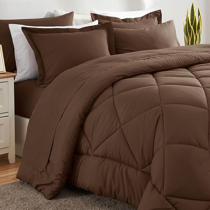 CozyLux Oversized Queen Comforter Set Brown - 7 Pieces Bed in a Bag Comforter Set with Sheets, Luxury Soft Bed Set, Bedding Set with Down Alternative Comforter, Sheets, Pillowcases & Shams