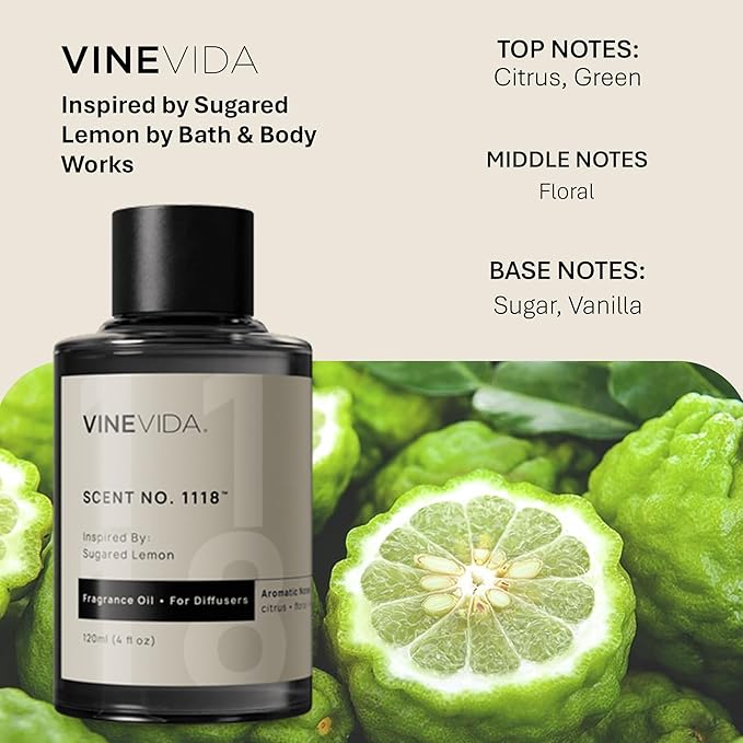 VINEVIDA [4 Fl Oz] Scent NO. 1118 Fragrance Oil for Cold Air Diffusers, Aromatic Notes of Citrus, Green, Floral, Sugar & Vanilla Essential Oils for Diffuser Oil Refill & Air Freshener Room Spray