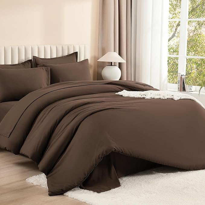 Litanika Queen Comforter Set Brown - 7 Pieces Bed in a Bag Queen Bedding Comforter Sets, Solid Lightweight Bed Set with Comforter, Sheets, Pillowcases & Shams