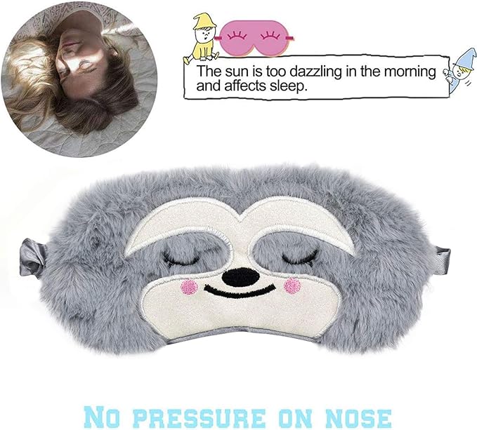 Cute Sloth Sleeping Mask, Soft Fluffy Plush Blindfold Funny Novelty Animal Sleep Mask Eye Cover Eyeshade for Kids Girls Boys Women Men Night Nap Travel Meditation (Gray, Sloth)