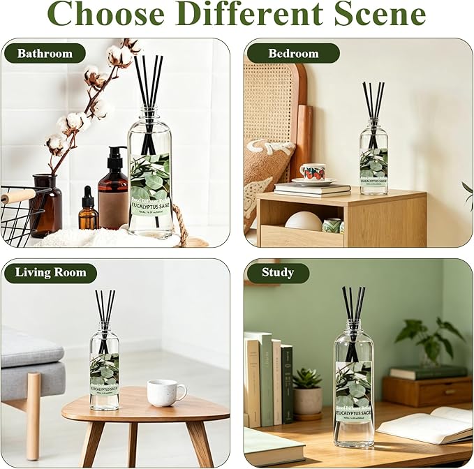 STRN Reed Diffuser Refill, Eucalyptus and Sage Scent Diffuser 500ml | 16.9 oz with 6 Reed Sticks, Room Fresheners for Home, Long-Lasting Fragrance for Living Room, Bedroom, Office