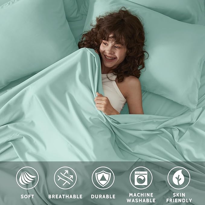 Full Size Bed Sheets - 6 Piece Soft Microfiber and Wrinkle Free Sheets - Easy Care, Extra Soft, Cooling Sheets - 1 Deep Pocket Fitted Sheet 1 Flat Sheet and 4 Pillowcases (Full Spa Blue)