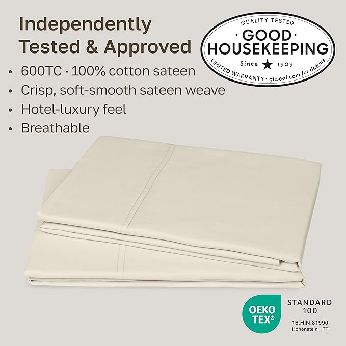 Luxuriously Soft Premium 600 Thread Count, 100% Cotton Set of 2 Cases, Crisp King Size Pillow Case Set of 2, Fits King Pillows - Cream (Warm Ivory)