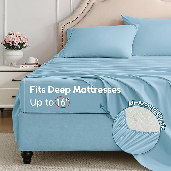 Full Size Bed Sheets Set, 4 Pieces Hotel Luxury Soft Microfiber Bed Sheets Set, Up to 16" Deep Pockets, Oeko-Tex Sheets with Elastic, Breathable, Wrinkle Free (Sky Blue, Full)