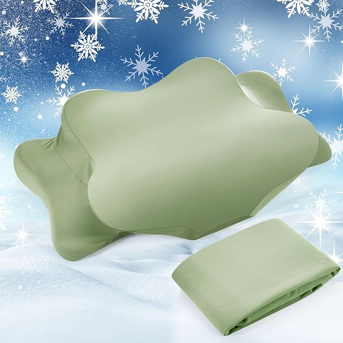 Hahafelt Cooling Cervical Neck Pillowcase Cover (Only Pillow Case) Ergonomic Pillowcase with Zipper Breathable Contour Pillow Cover for Side Back Stomach Sleepers(Saga Green,Queen Size)