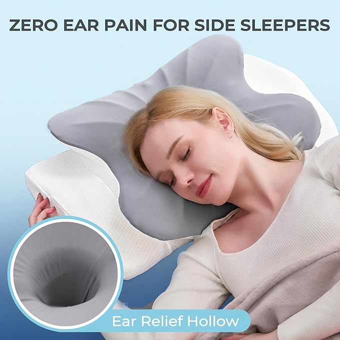 BDEUS Cervical Pillow for Side Sleepers, Neck Pillow for Sleeping, Memory Foam Ergonomic Pillow for Neck Pain Relief, Butterfly Contour with Arm Grooves, Dual Height Cooling Washable Cover, Grey