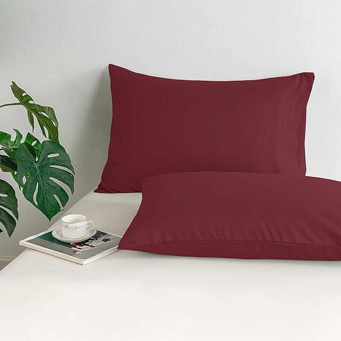 Mocassi 2-Piece Premium Standard/Queen Pillowcase Set 1800 Series Hotel Quality Microfiber - Soft and Breathable with 3-Line Embroidery Wrinkle and Stain Resistant, Easy Care, 20" x 30", Burgundy