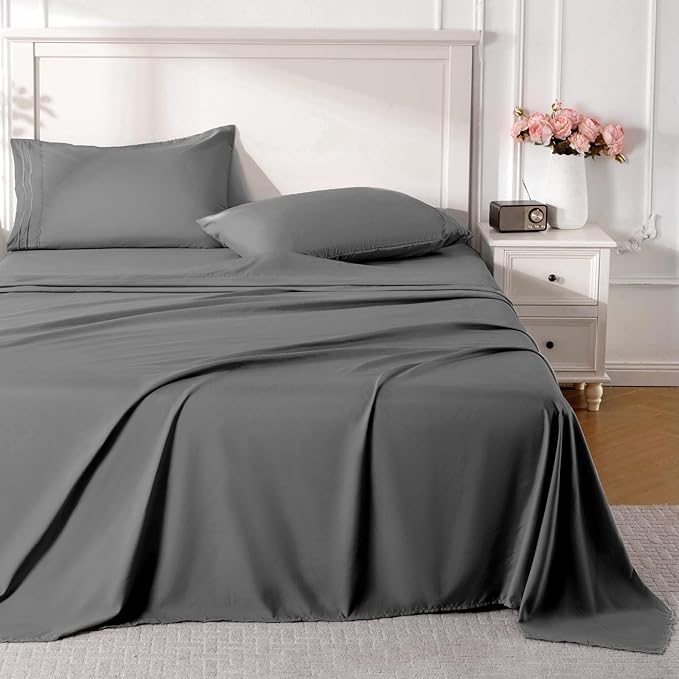 ROSE&RISY Dark Grey King Sheet Set, 4 Pieces Soft Bedding King Sheet Set, Breathable and Cooling,Includes 1 x Fitted Sheet, 1 x Flat Sheet, 2 x Pillowcases - Deep Pocket (Dark Grey, King)