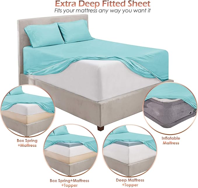 Hearth & Harbor Extra Deep Pocket Sheets - Fits Mattress 18-24 Inches Deep - Extra Deep Pocket California King Size - 6 Piece Cal King Sheets - Cal King, Aqua Blue