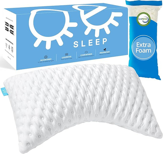 Bed Pillow for Side and Back Sleepers – Curved Cooling Pillow for Neck and Shoulder Pain Relief – Adjustable Memory Foam Pillow with Washable Cover – Queen Size with Extra Fill (White)