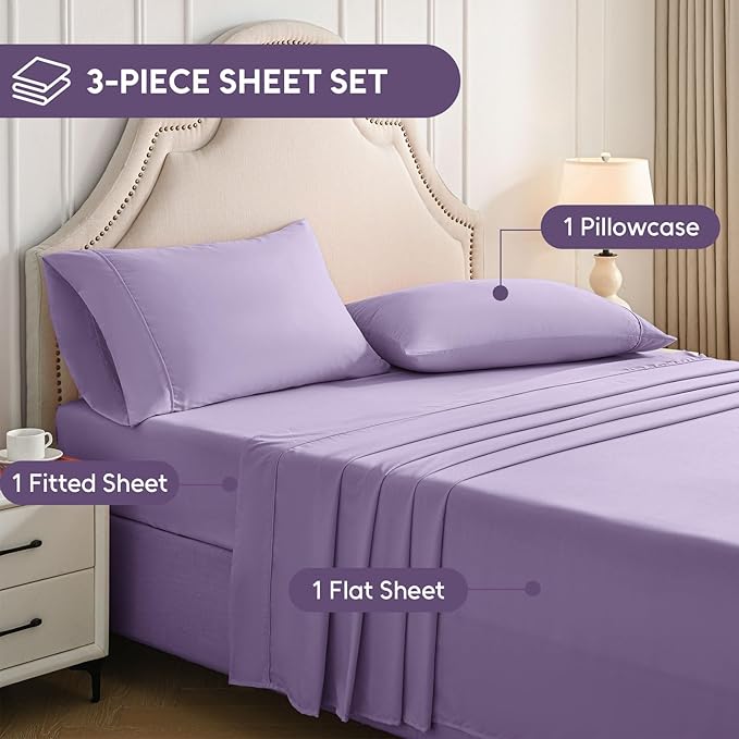 Twin XL Sheets Set, 3 Pieces Hotel Luxury Soft Microfiber Bed Sheets Set, Up to 16" Deep Pockets, Oeko-Tex Sheets with Elastic, Breathable, Wrinkle Free (Purple, Twin XL)