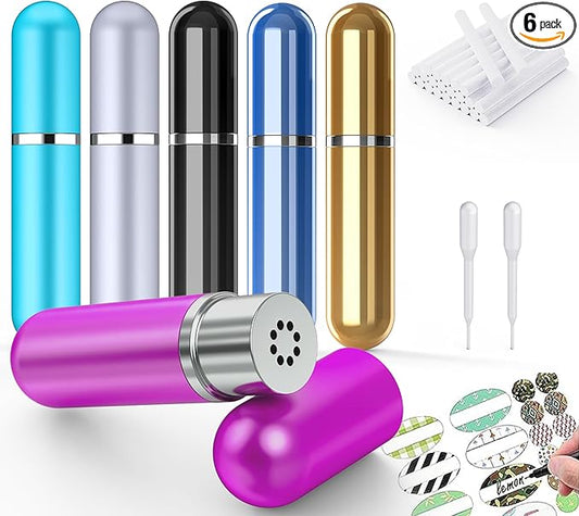 6 Pack Aromatherapy Nasal Inhaler Tubes for Essential Oils, Portable Reusable Blank Aluminum Nasal Inhalers with 2 Mini droppers 24 Cotton Wicks and 24 Writable Stickers