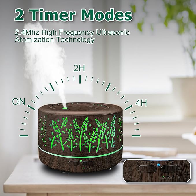 Diffusers for Essential Oils Large Room,600ml Essential Oil Diffusers for Home,Waterless Auto Off 7 Colors Changed 3 Mist Modes,Cool Mist Humidifiers for House Bedroom Decor,Gifts,Dark Wood