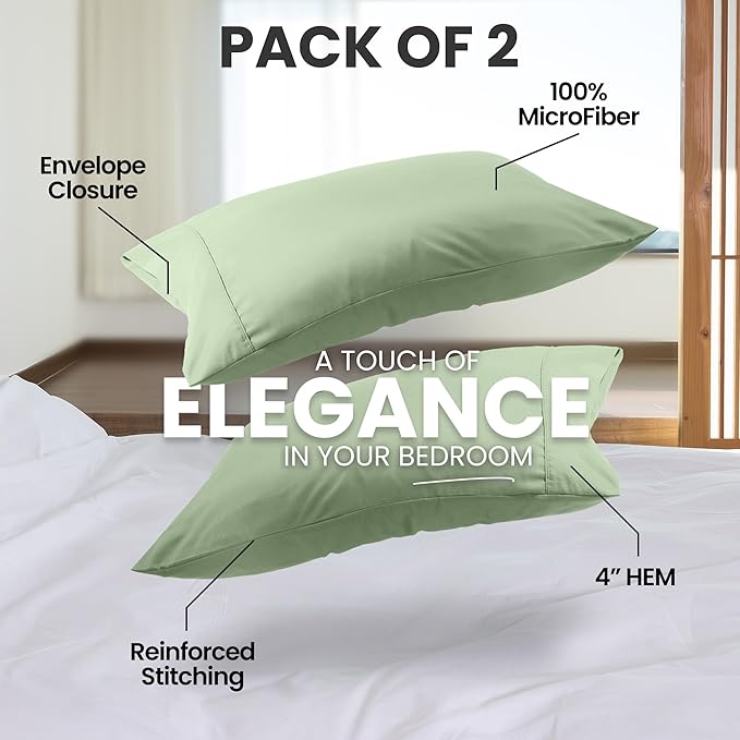 Utopia Bedding Pillow Cases Standard Size 2-Pack – Soft Brushed Microfiber – Envelope Closure – Perfect for Hospitals, Hotels, Guest Rooms – Oeko-TEX Certified, 20x26 Inches (Sage)