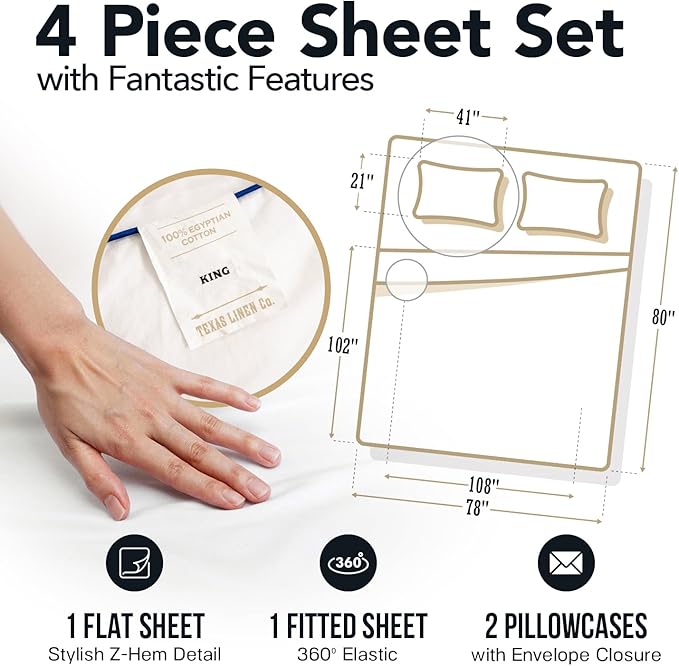 TEXAS LINEN CO. 100% Egyptian Cotton King Size Sheets Set - Luxury 1500 Series Egyptian Cotton Sheets King Size, 17" Deep Pocket, Soft, Cooling Sateen Weave Hotel Quality Bedding Set - Beige