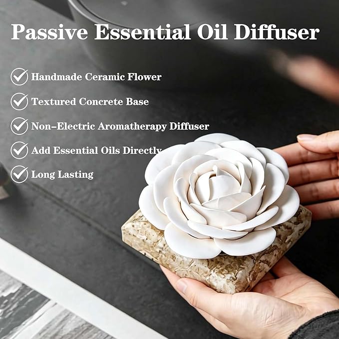 Ceramic Passive Essential Oil Diffuser, Aesthetic Desktop Handmade Flower & Concrete Base, Porcelain Aromatherapy Oils Diffuser for Home, Office, Yoga, Spa Room (White Camellia)