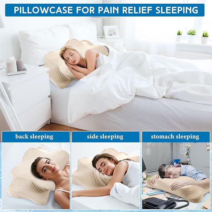 Hahafelt Cooling Cervical Pillowcase Cover with Envelope Closure (Only Pillow Case) Ergonomic Neck Pillowcase Smooth Soft Cool Pillow Cover for Side Back Stomach Sleepers(Champagne,Standard Size)