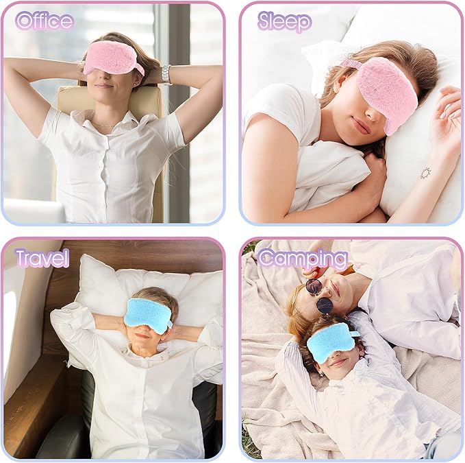 2 Pcs Plush Eye Mask Soft Sleeping Blindfold Eye Cover Comfortable Furry Faux Fur Sleeping Mask Satin Nap Night Eyeshade Cover for Women Men Gift (Blue, Pink)