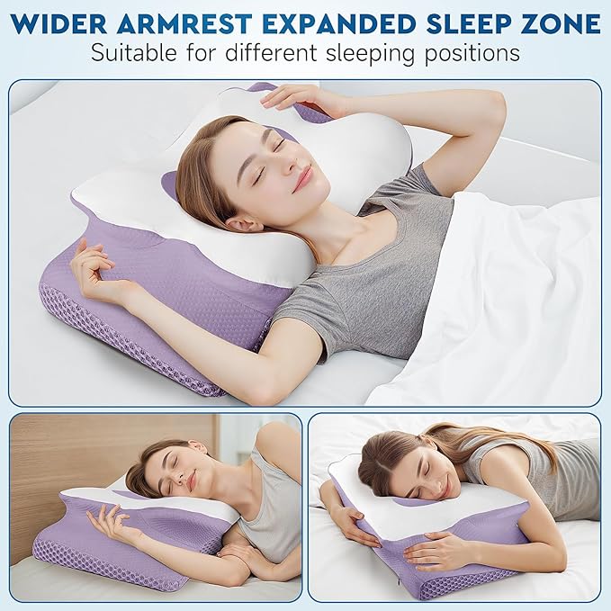CushZone Cervical Neck Pillow, Memory Foam Neck Support Pillows for Sleeping, Shoulder Pillow for Side Sleepers, Back Stomach Sleepers, Queen Size, Lavender Color