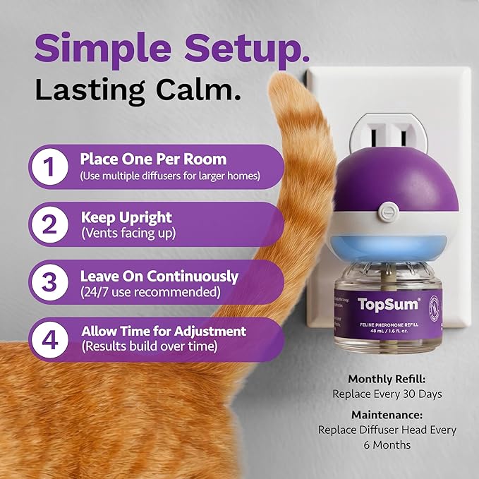 TopSum Cat Calming Pheromone Diffuser: Feline Pheromones Plug in for Stress, Along At Home, Spraying, Fighting, Scratching, Aggression & Excessive Meowing (Purple– 6 Refills)