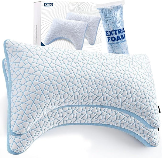 A-Pce Adjustable Pillow, King Size Set of 2 Bed Pillows for Sleeping, Luxury Shredded Memory Foam Pillows, Cooling Pillow for Side, Back, Stomach Sleepers, Firm Pillow for Hot Sleepers Neck Support