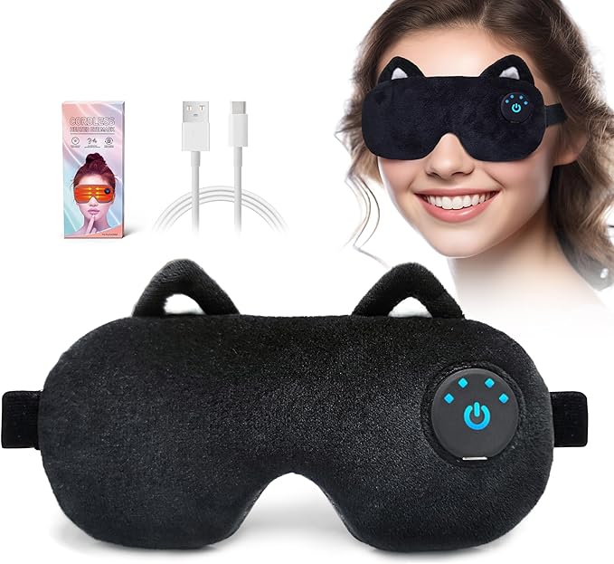 Cordless Heated Eye mask,Cute Sleep Eye mask for Women,USB Rechargeable Heating Eye pad with Battery Indicators,Warm Eye Compress for Relief Dry Eyes,Stye,Electric Portable Gift (Black)